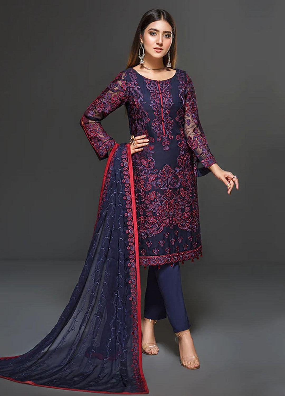 Misaal By Zarif Embroidered Suits Unstitched 3 Piece 04 INDIGO - Luxury Collection