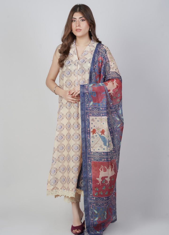 Vibgyor Fashion Printed Lawn Suits Unstitched 3 Piece Cream Animaux D1-S-25