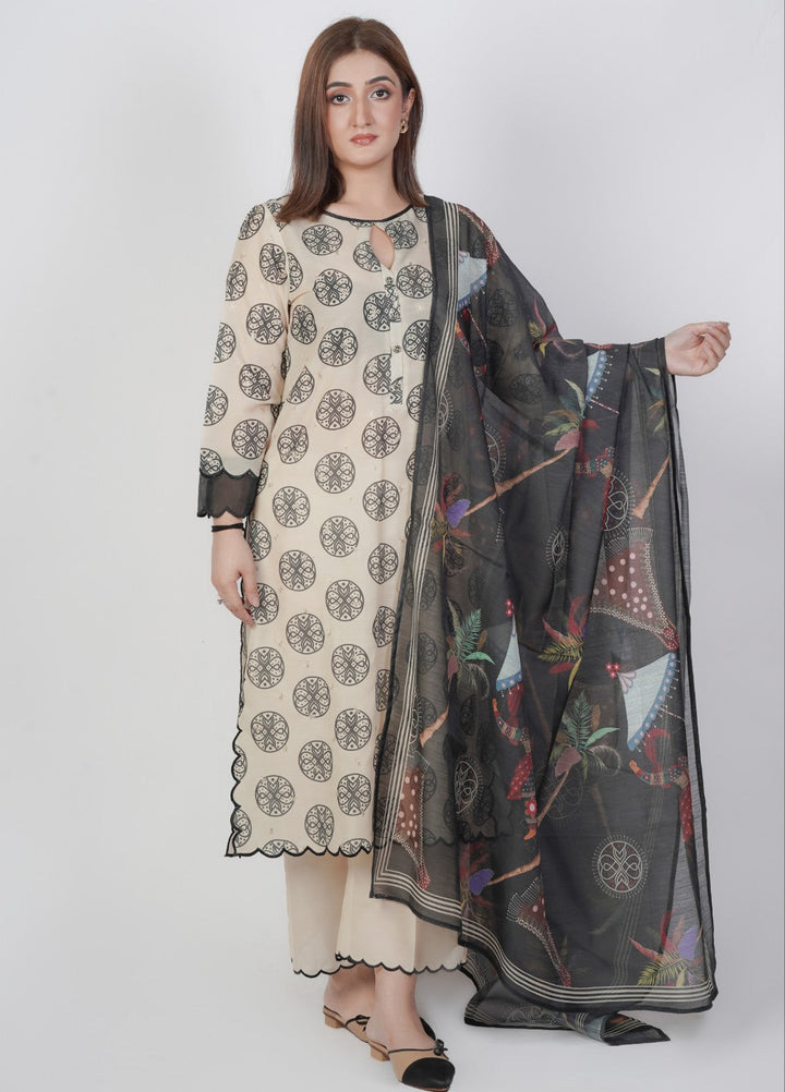 Vibgyor Fashion Embroidered Printed Lawn Unstitched 3 Piece Cream Black Geometrical Sufi D9-S-25