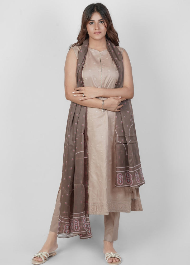 Vibgyor Fashion Embroidered Cotton Lawn Suits Unstitched 3 Piece Skin Brown D11-S-25