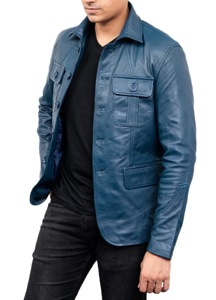 Jild Leathers 5-Button Men Lambskin Leather Blazer-Blue - Blazers And Coats Collection