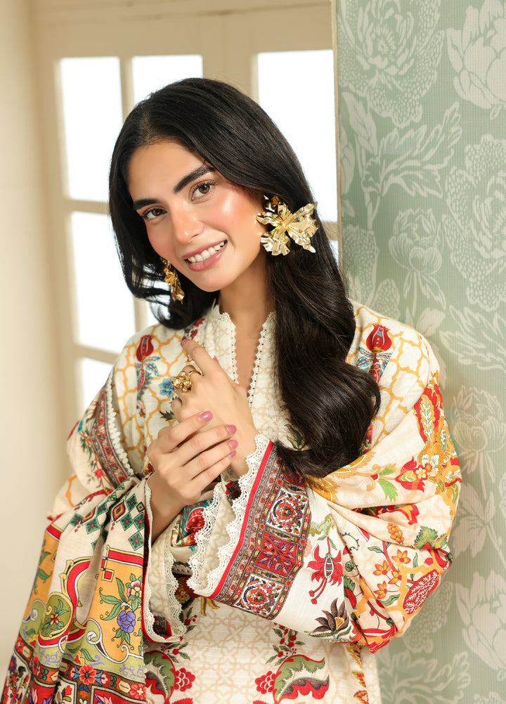 Sahar Printed Khaddar Suits Unstitched 3 Piece AW2-25-24 Ivory Camellia - Winter Collection