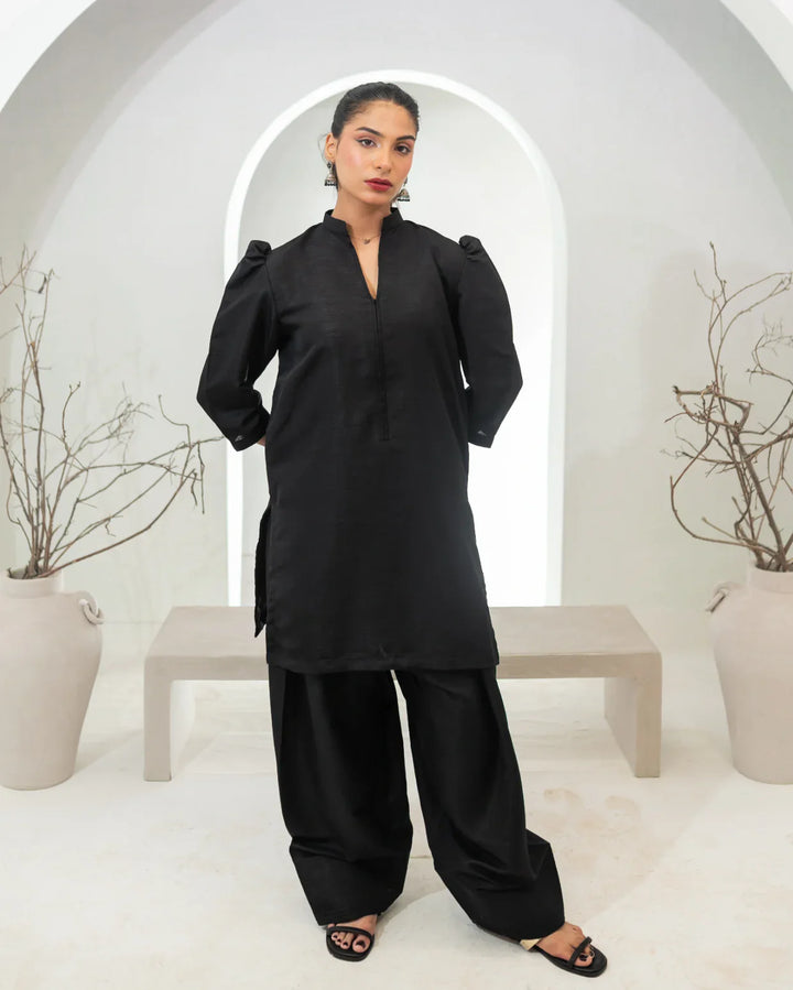 Zauk Pret Casual Wear Raw Silk 2 Piece Sable Black - Casual Collection