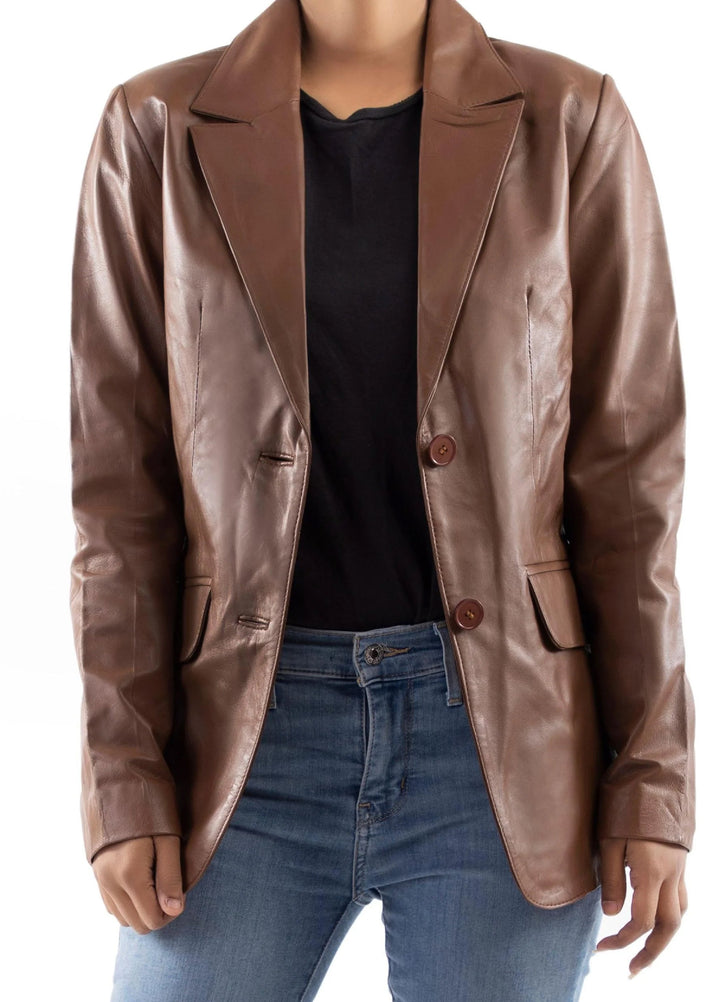 Jild Leathers Classic 2-Button Lambskin Leather Blazer Women-Cognac - Blazers And Coats Collection