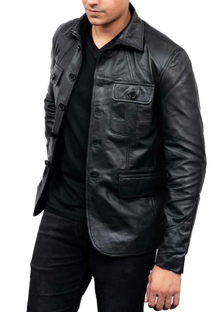 Jild Leathers 5-Button Men Lambskin Leather Blazer-Black - Blazers And Coats Collection