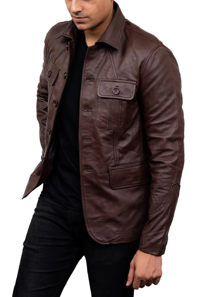 Jild Leathers 5-Button Men Lambskin Leather Blazer-Brown - Blazers And Coats Collection