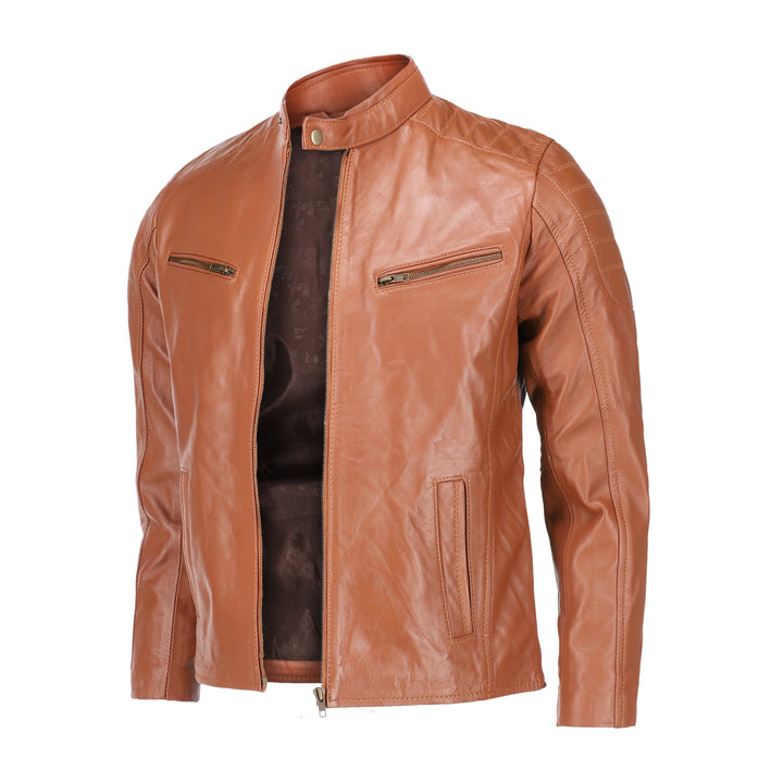 Mens Tan Lambskin Biker Style Leather Jacket