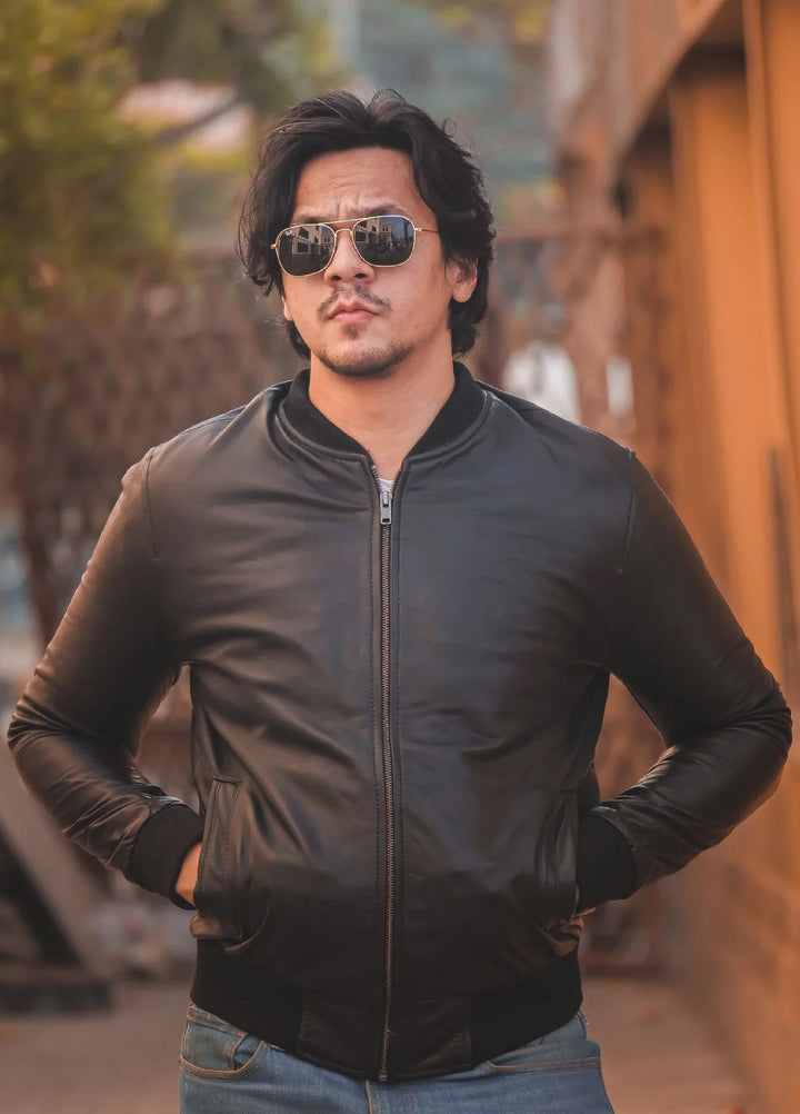 Bomber Style Mens Leather Jacket-Black