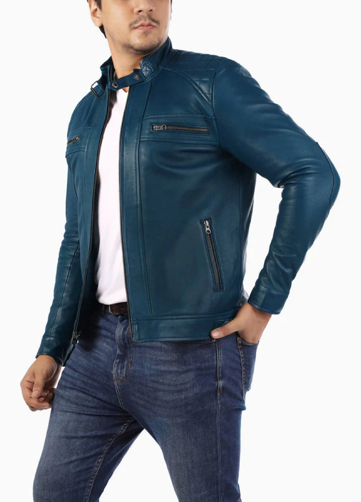 Men's Casual Signature Diamond Lambskin Leather Jacket-Blue