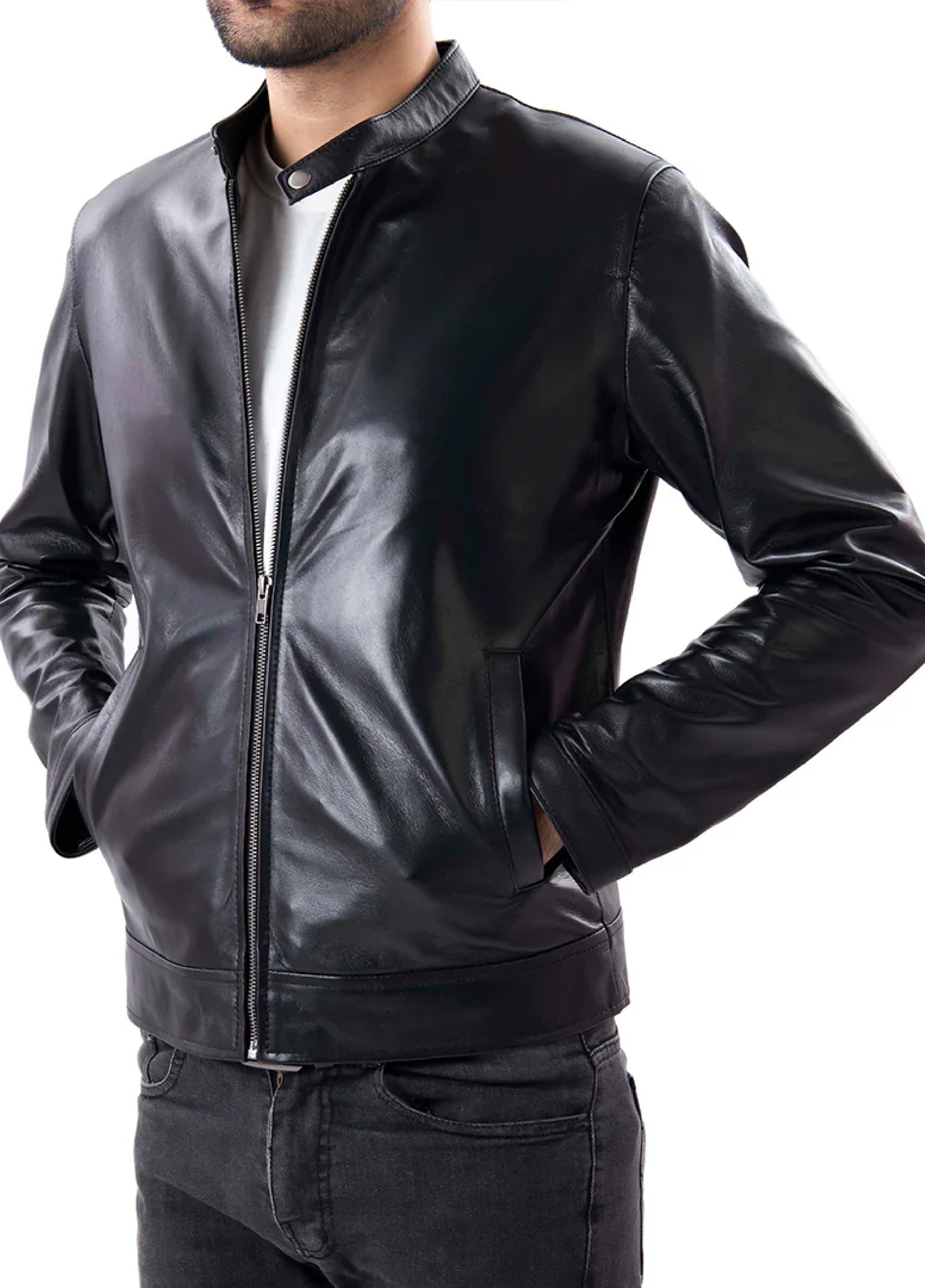 Black Mens Pure Sheep Leather Zipper Front Pockets Jacket