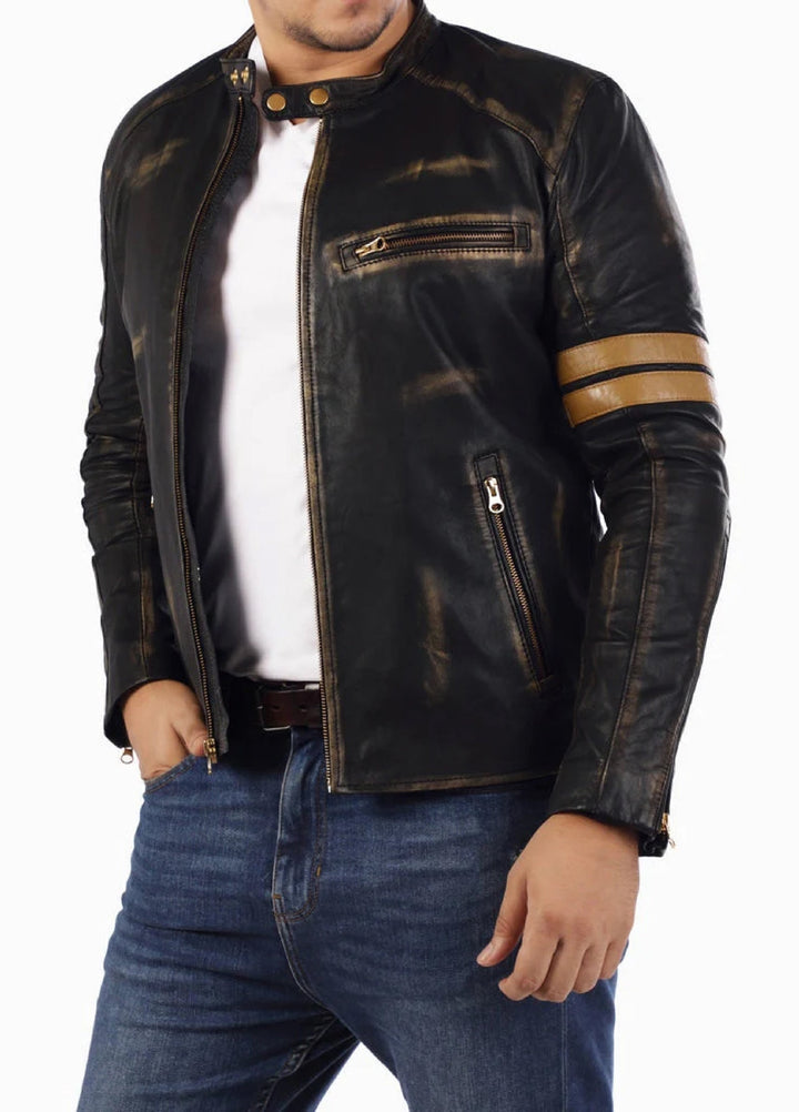 Cafe Racer Genuine Lambskin Leather Jacket-Black