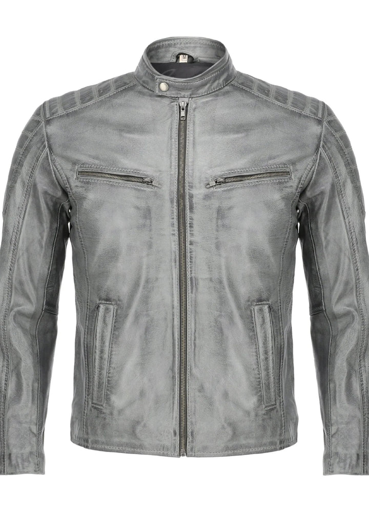 Mens Grey Wax Lambskin Biker Style Leather Jacket