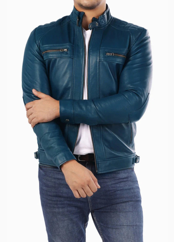 Men's Casual Signature Diamond Lambskin Leather Jacket-Blue