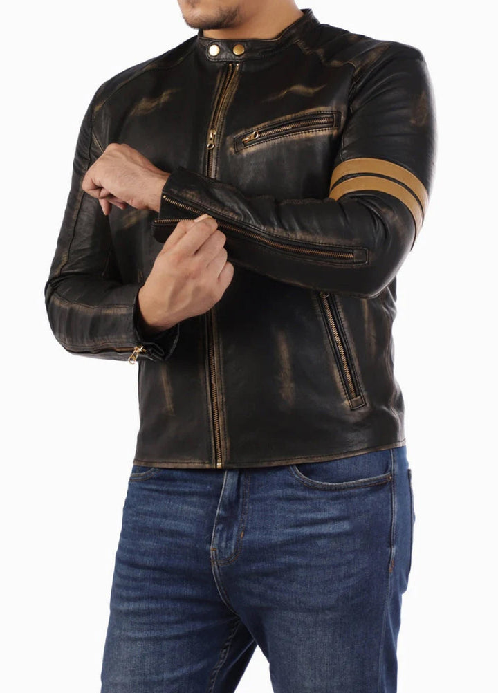 Cafe Racer Genuine Lambskin Leather Jacket-Black