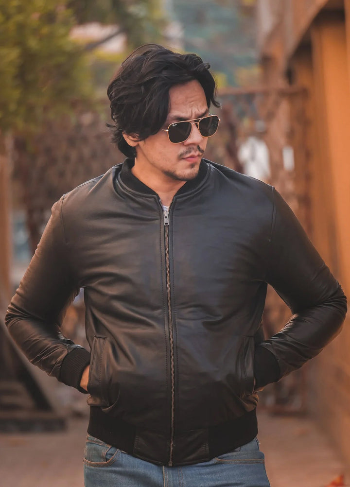 Bomber Style Mens Leather Jacket-Black