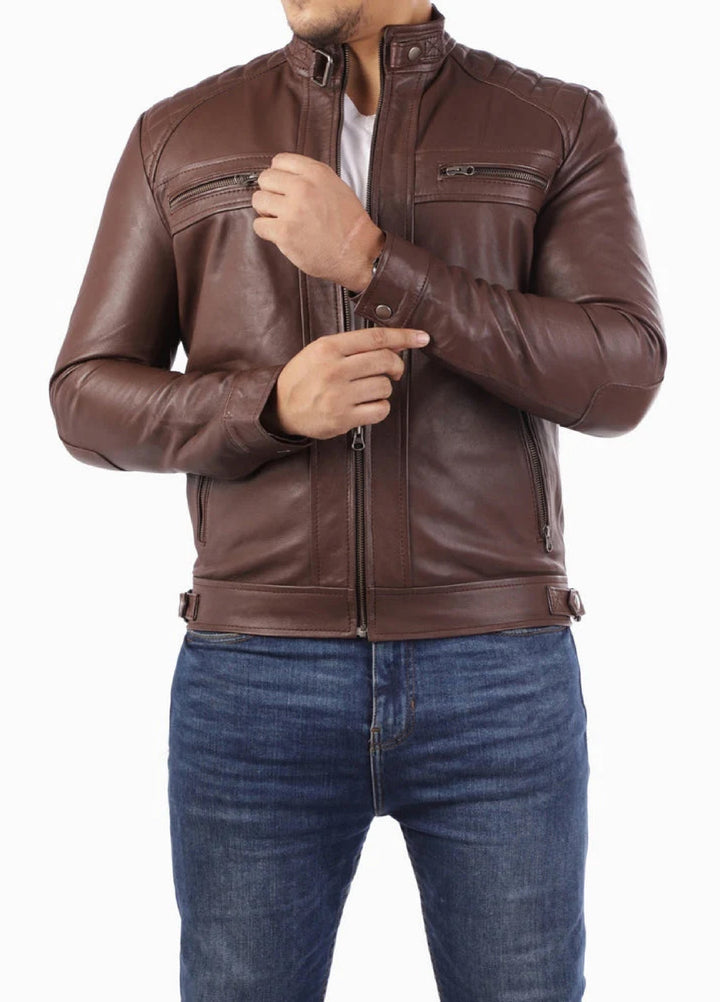 Men's Casual Signature Diamond Lambskin Leather Jacket-Brown