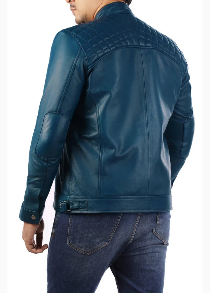 Men's Casual Signature Diamond Lambskin Leather Jacket-Blue