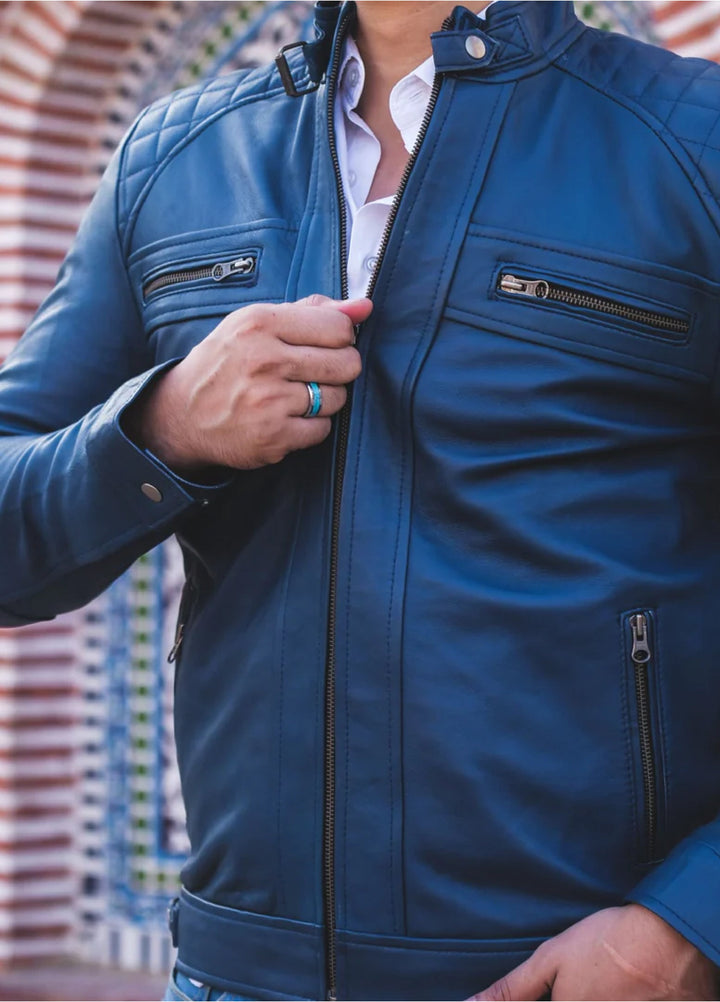 Men's Casual Signature Diamond Lambskin Leather Jacket-Blue