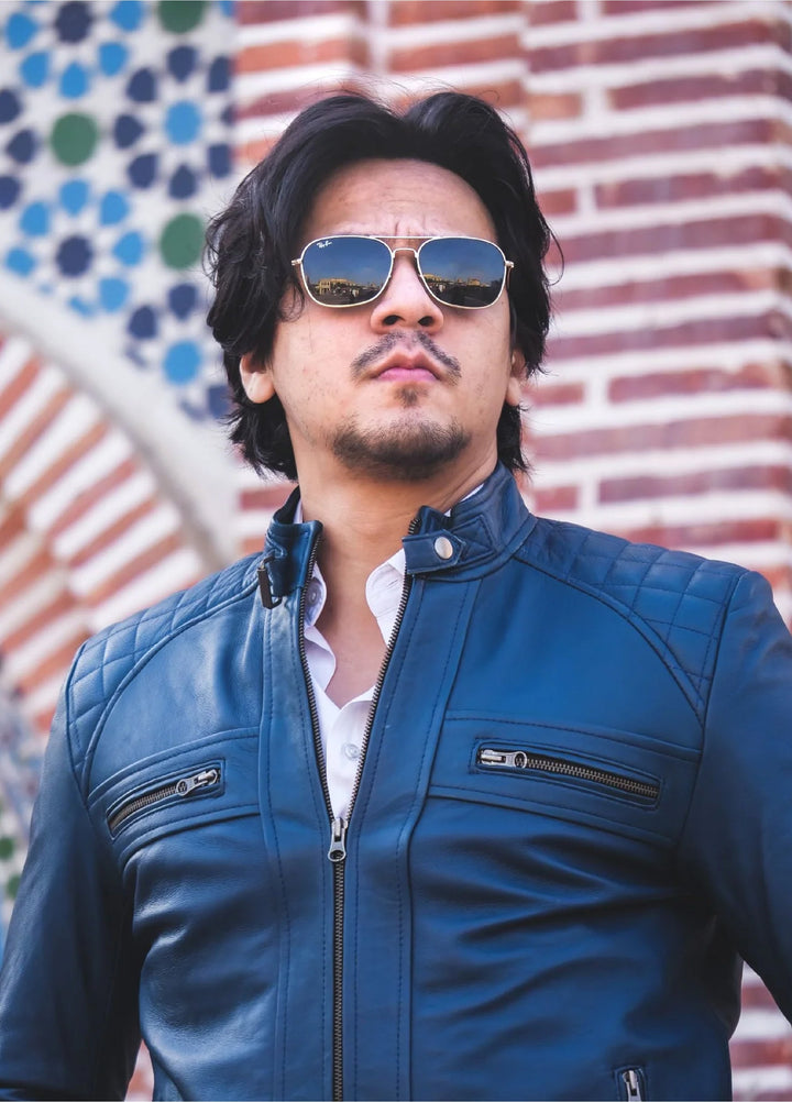 Men's Casual Signature Diamond Lambskin Leather Jacket-Blue