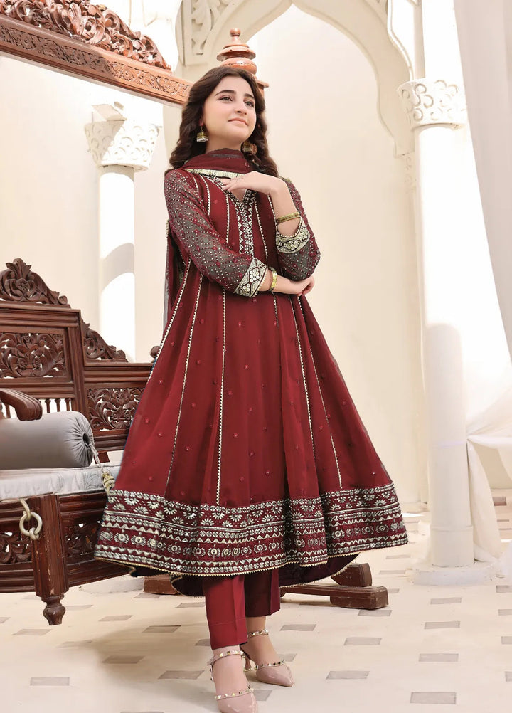 Abaan Zohan Pret Embroidered Chiffon 3 Piece Suit Kashish Kids Maroon