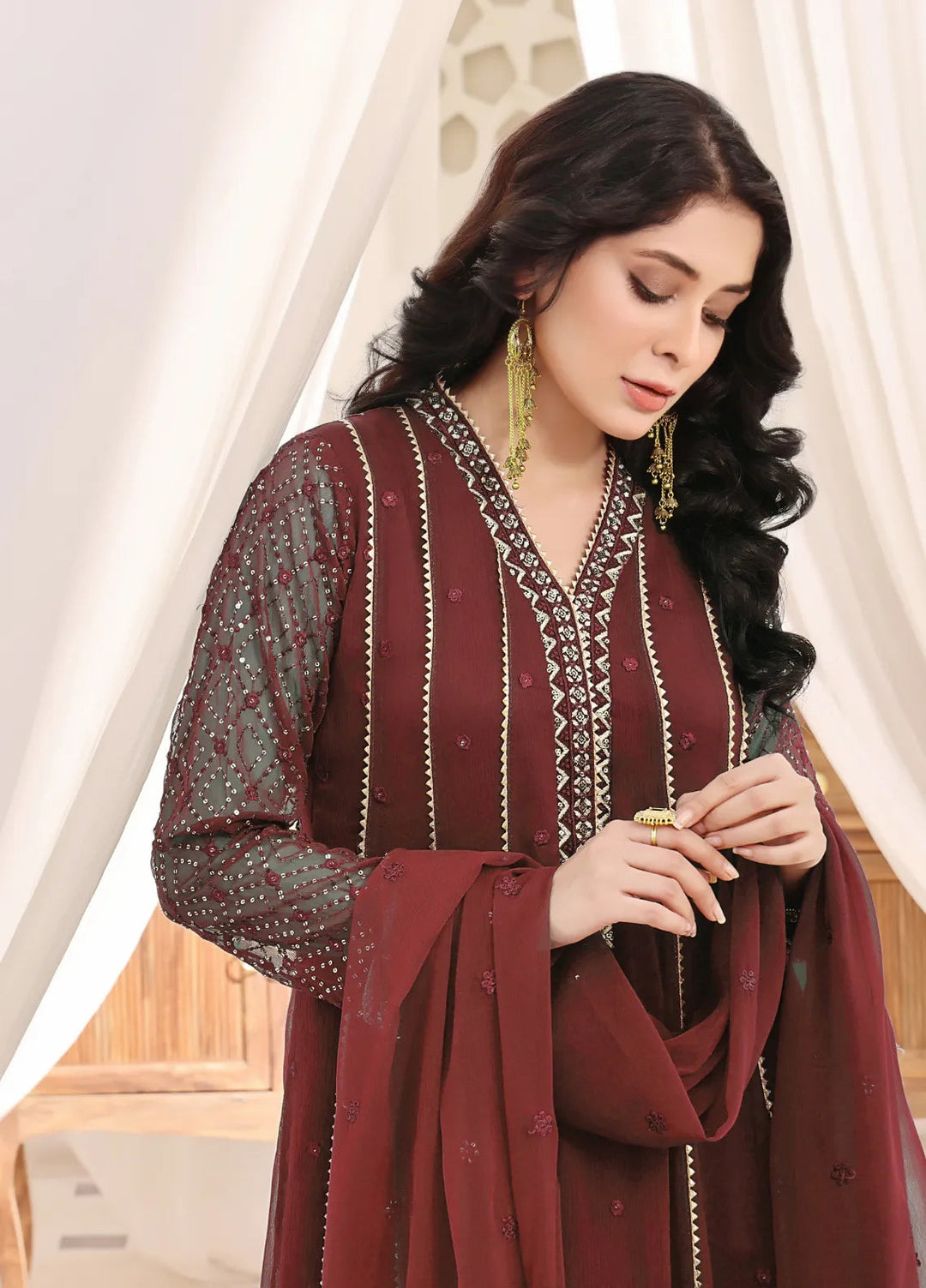 Abaan Zohan Pret Embroidered Chiffon 3 Piece Suit Kashish Maroon