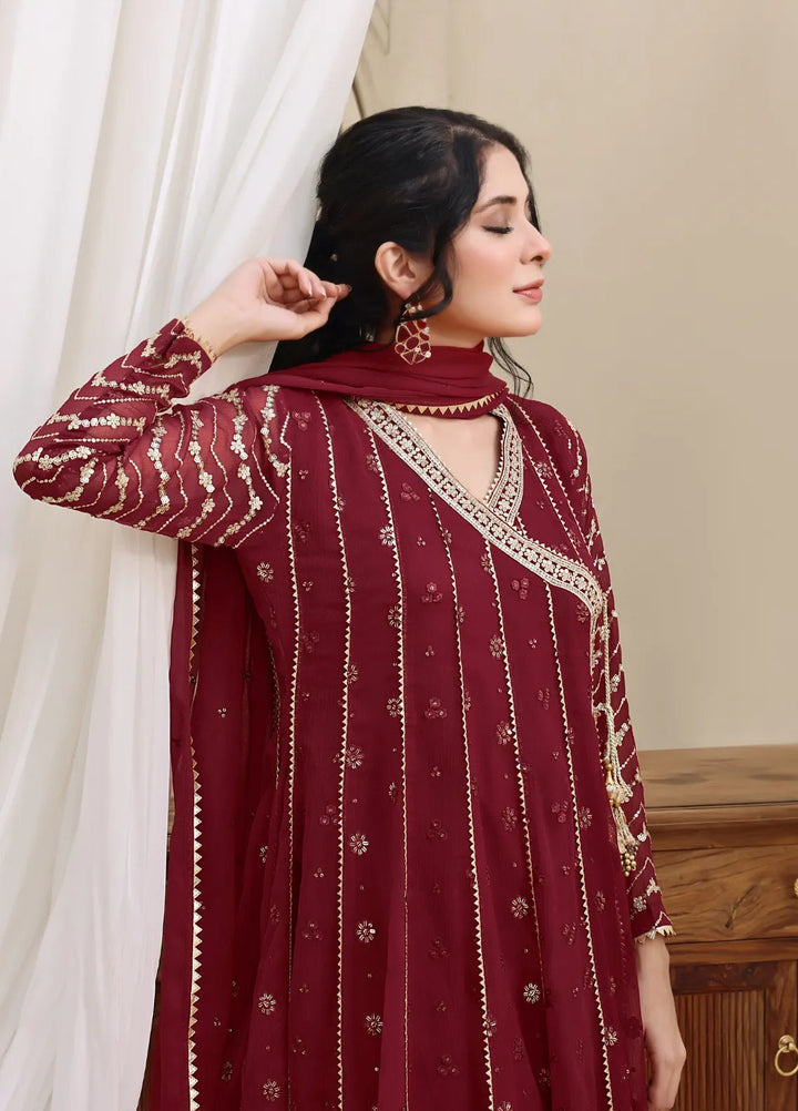Abaan Zohan Pret Embroidered Chiffon 3 Piece Suit Nayaab Maroon