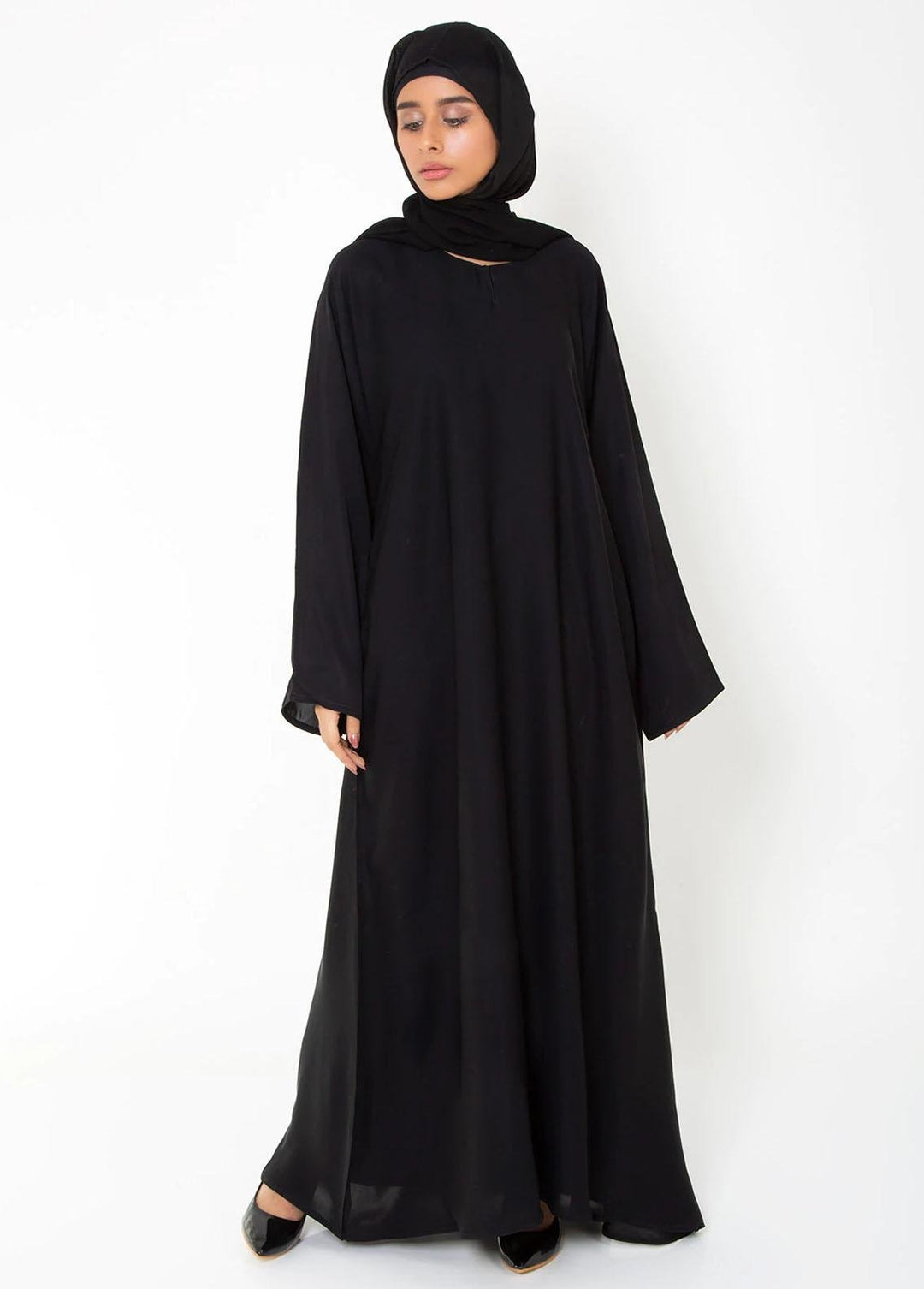 Abaya pk Casual Nida Stitched Abaya ABA22C Black Basic Front-Closed