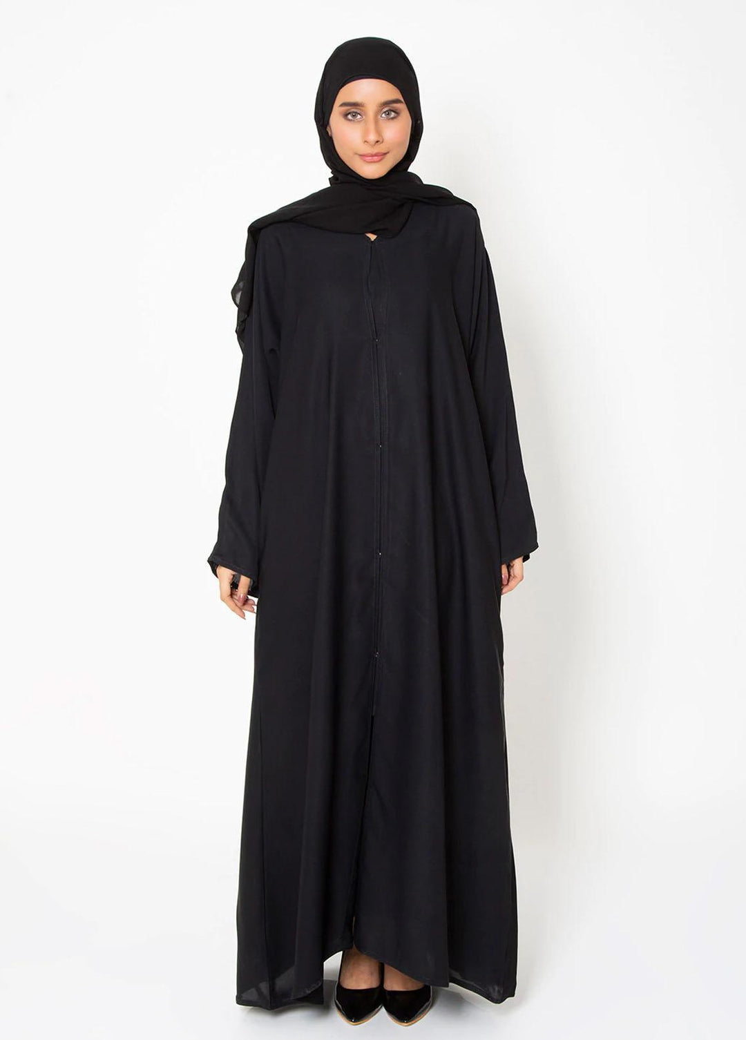 Abaya pk Casual Nida Stitched Abaya ABA22C Black Basic Front-Open