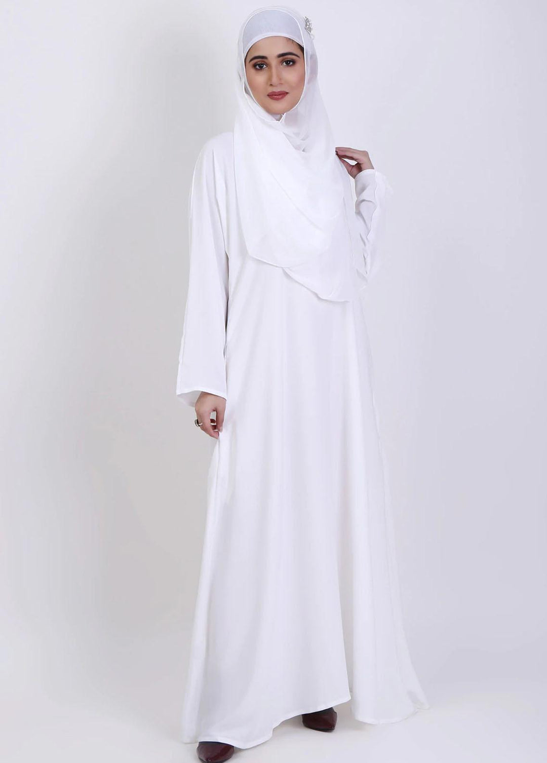 Abaya pk Casual Nida Stitched Abaya ABA22C White Basic Front-Closed