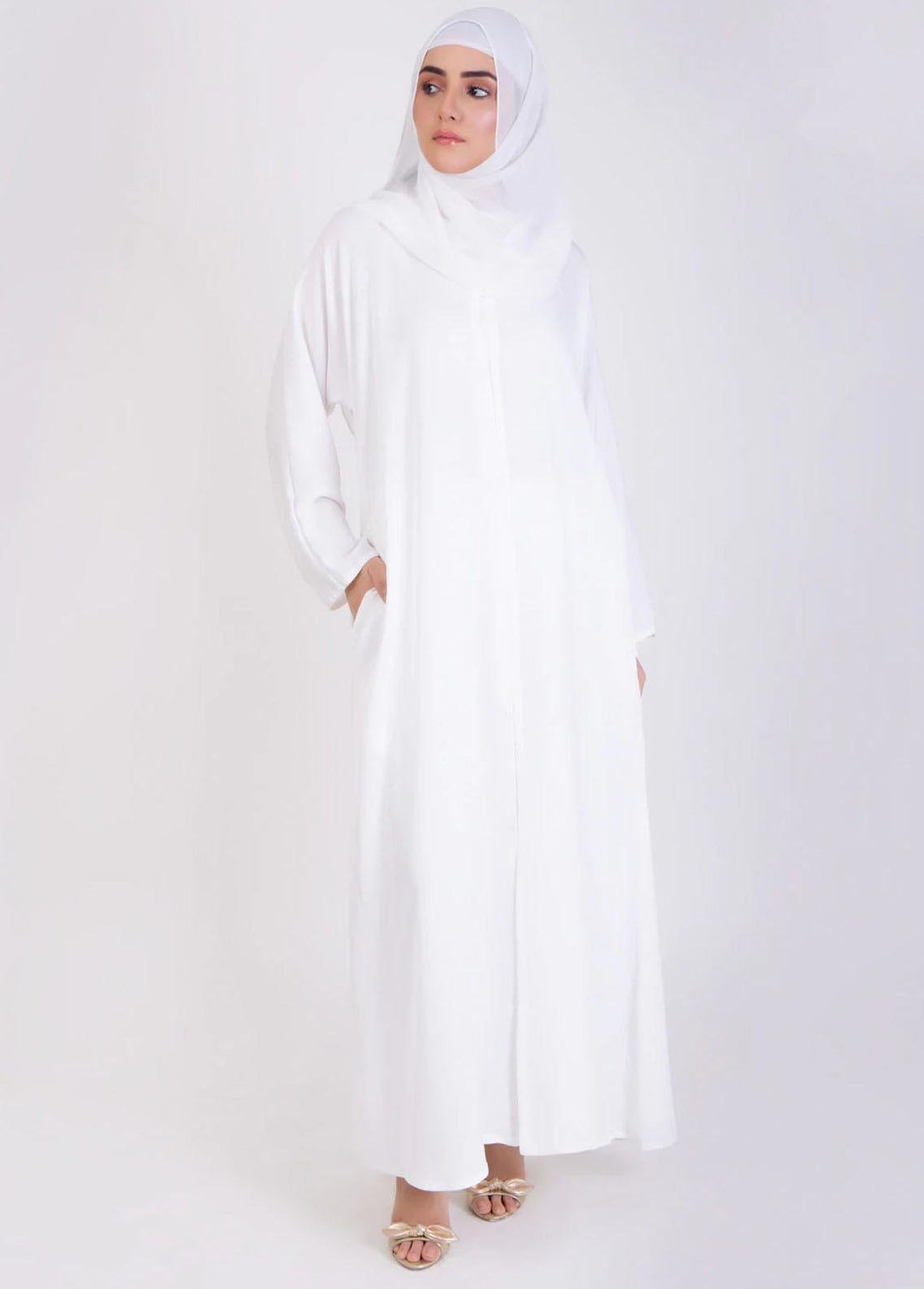 Abaya pk Casual Nida Stitched Abaya ABA22C White Basic Front-Open