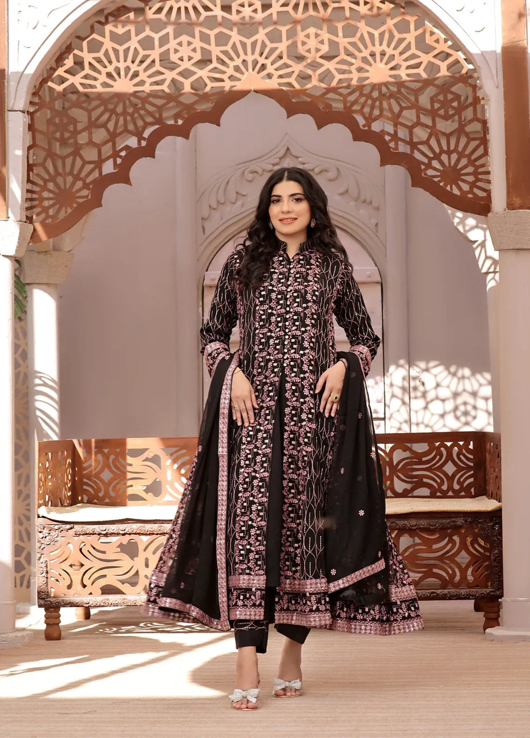 Adams Couture Pret Embroidered Chiffon 3 Piece Suit Bahar Black