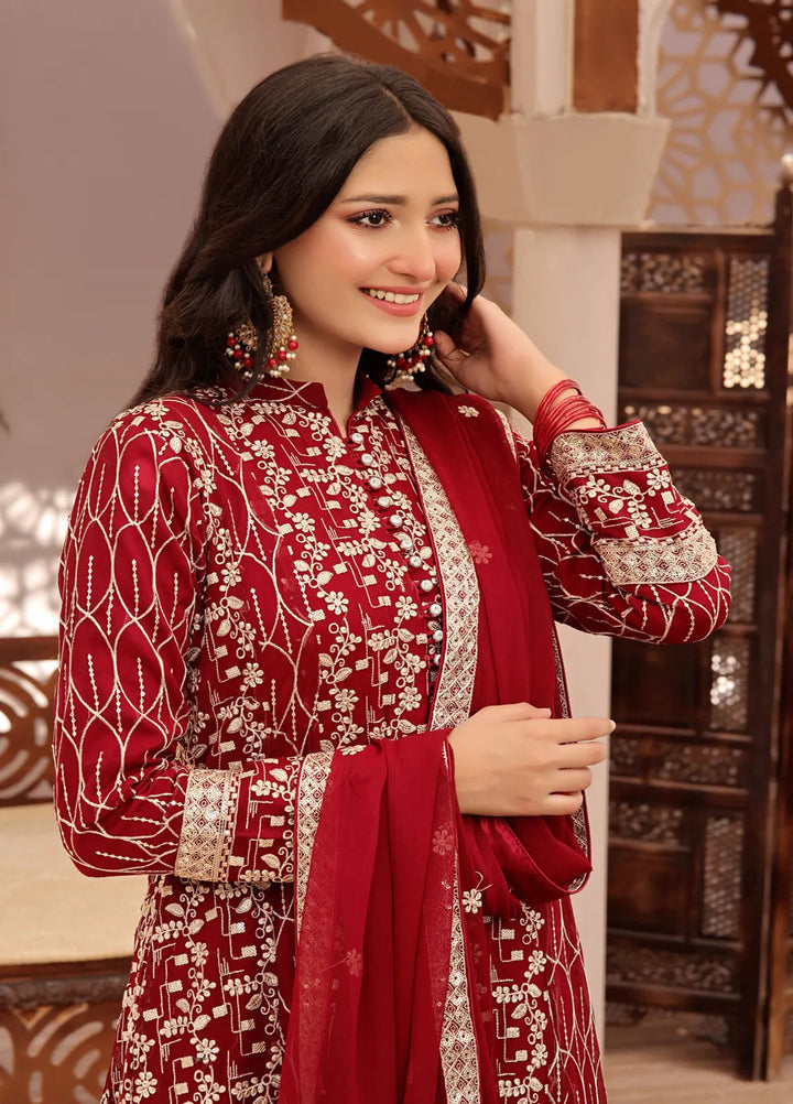 Adams Couture Pret Embroidered Chiffon 3 Piece Suit Bahar Red