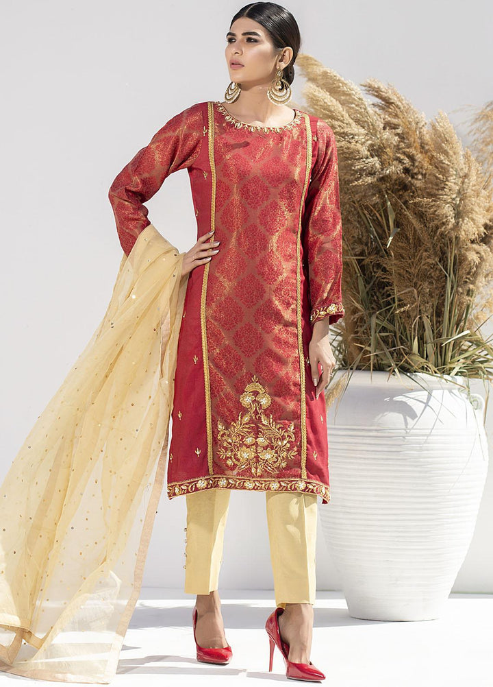 Aisha Fatema Luxury Pret Embroidered Khaadi Net 2 Piece Suit CARMINE GOLD