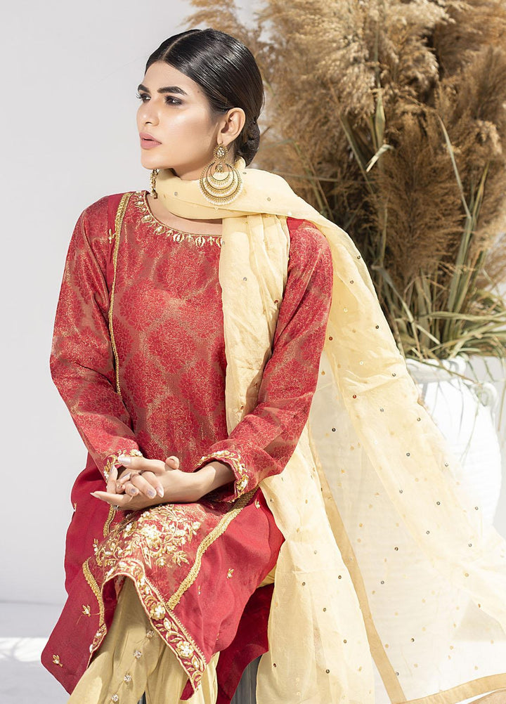 Aisha Fatema Luxury Pret Embroidered Khaadi Net 2 Piece Suit CARMINE GOLD