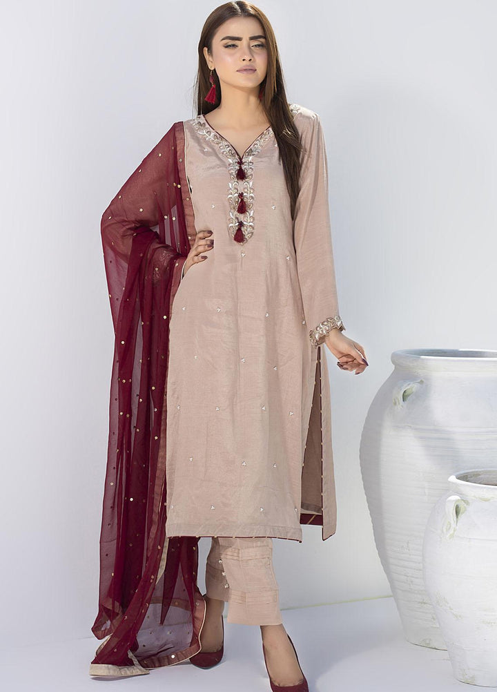 Aisha Fatema Luxury Pret Embroidered Raw Silk 2 Piece Suit FAWN ELEGANCE