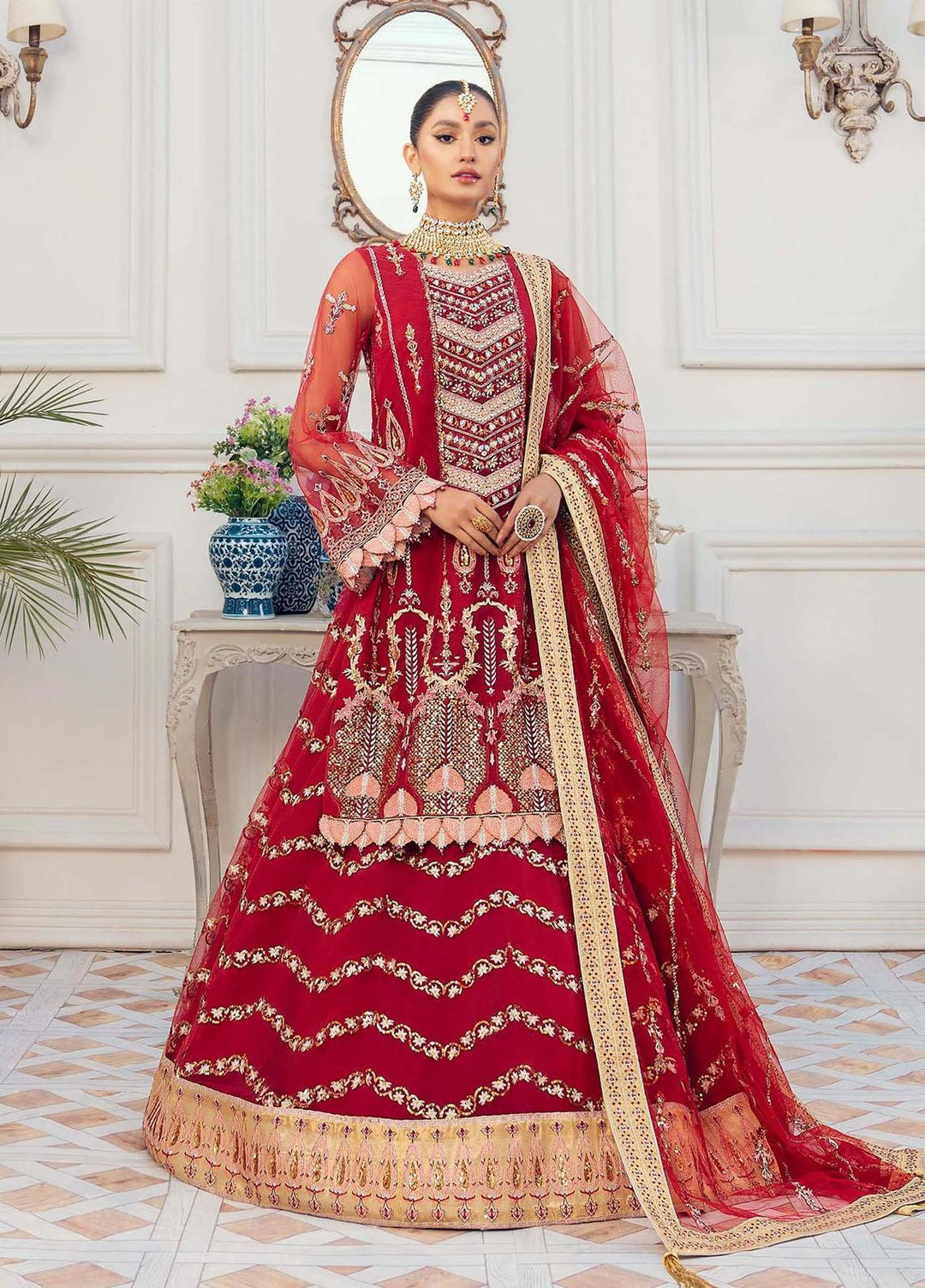 Akbar Aslam Embroidered Net Suits Unstitched 3 Piece AA22F CARNELIAN - Luxury Formals Collection