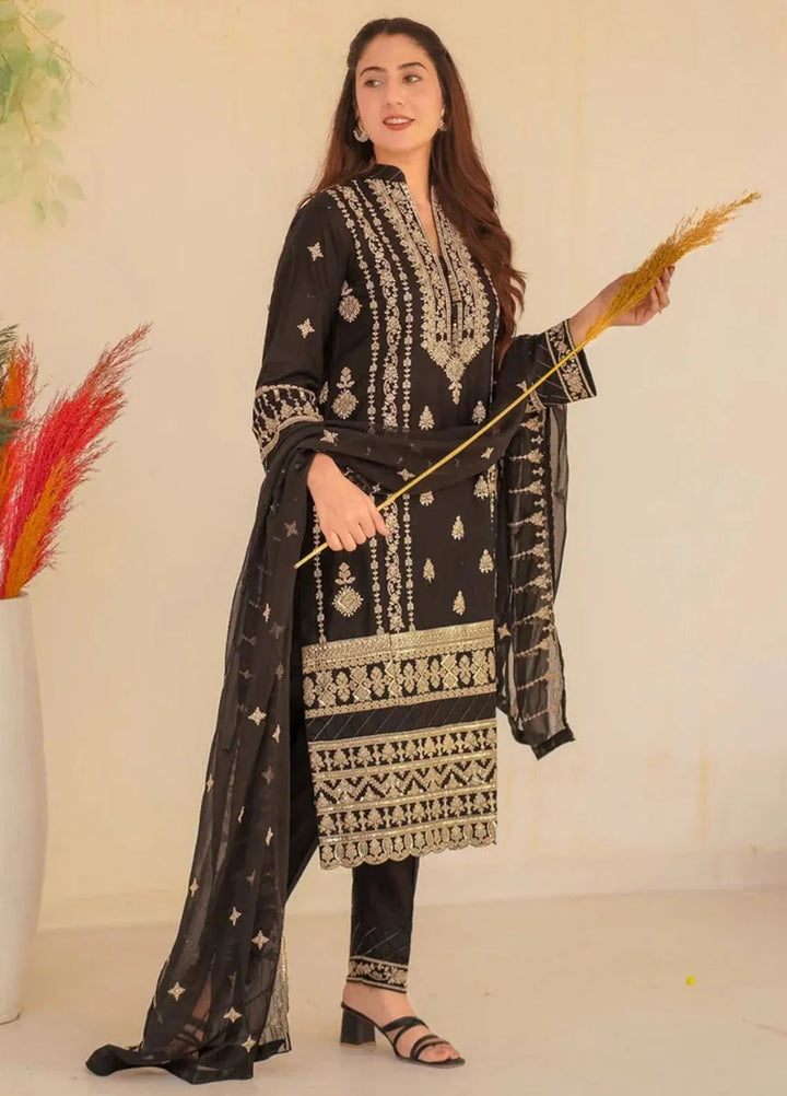 Al Harir Pret Embroidered Cotton 3 Piece Suit Royal Black
