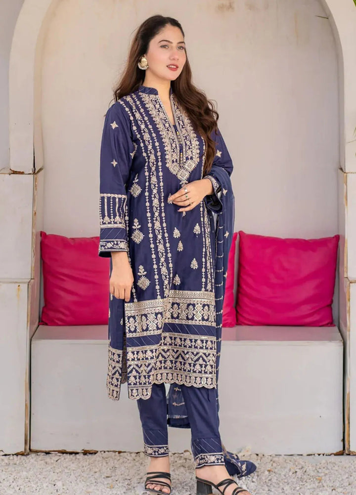 Al Harir Pret Embroidered Cotton 3 Piece Suit Royal Ink Blue