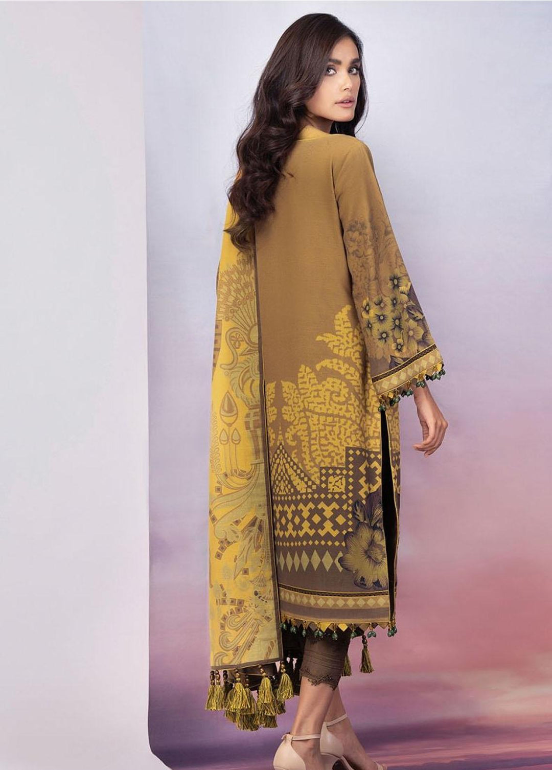 Al Karam Printed Khaddar Suits Unstitched 3 Piece AK21FW FW-01-21-Mustard - Winter Collection