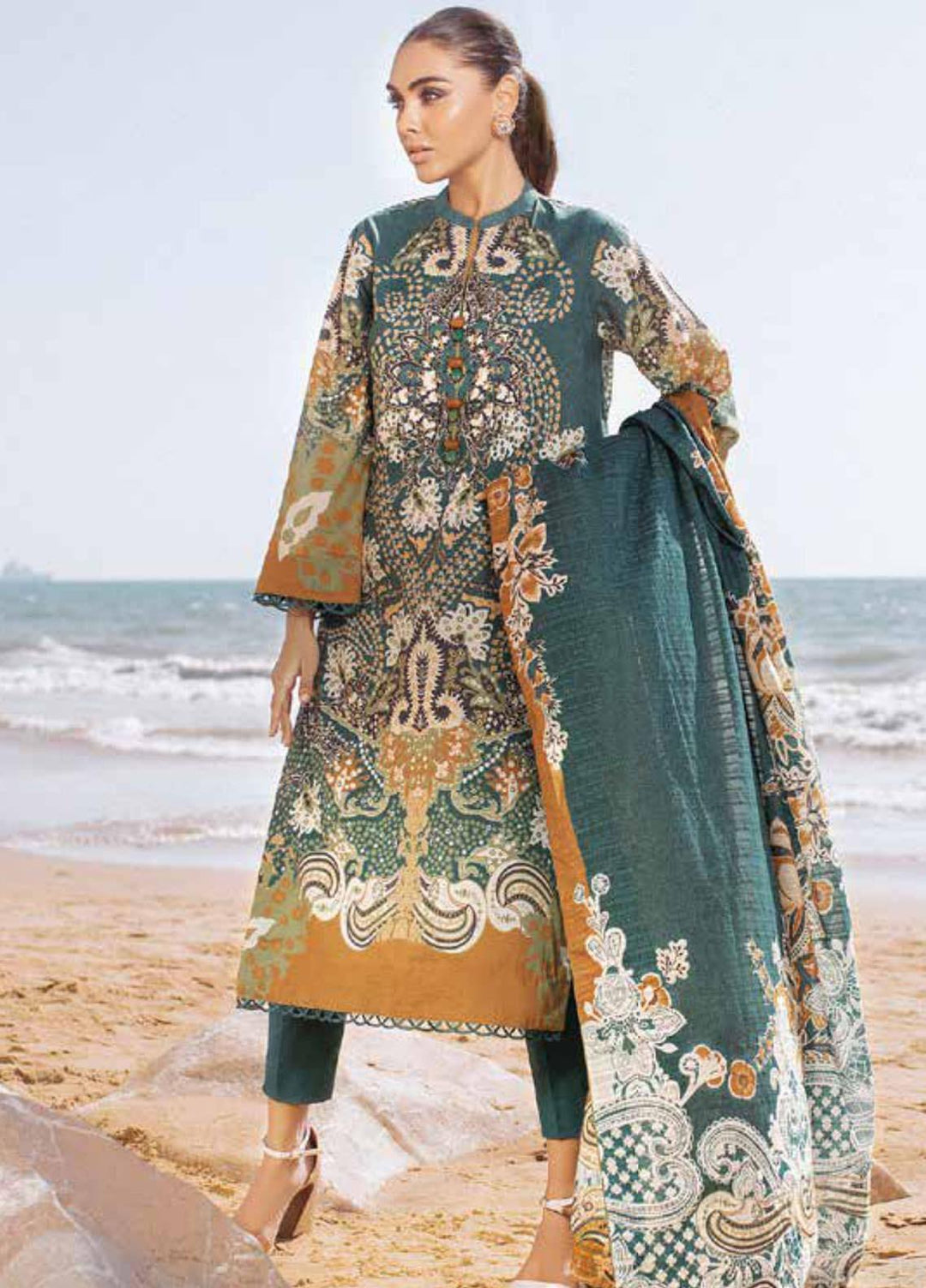 Al Karam Printed Lawn Suits Unstitched 3 Piece AK21S-2 SS-05-21-2-Teal - Summer Collection