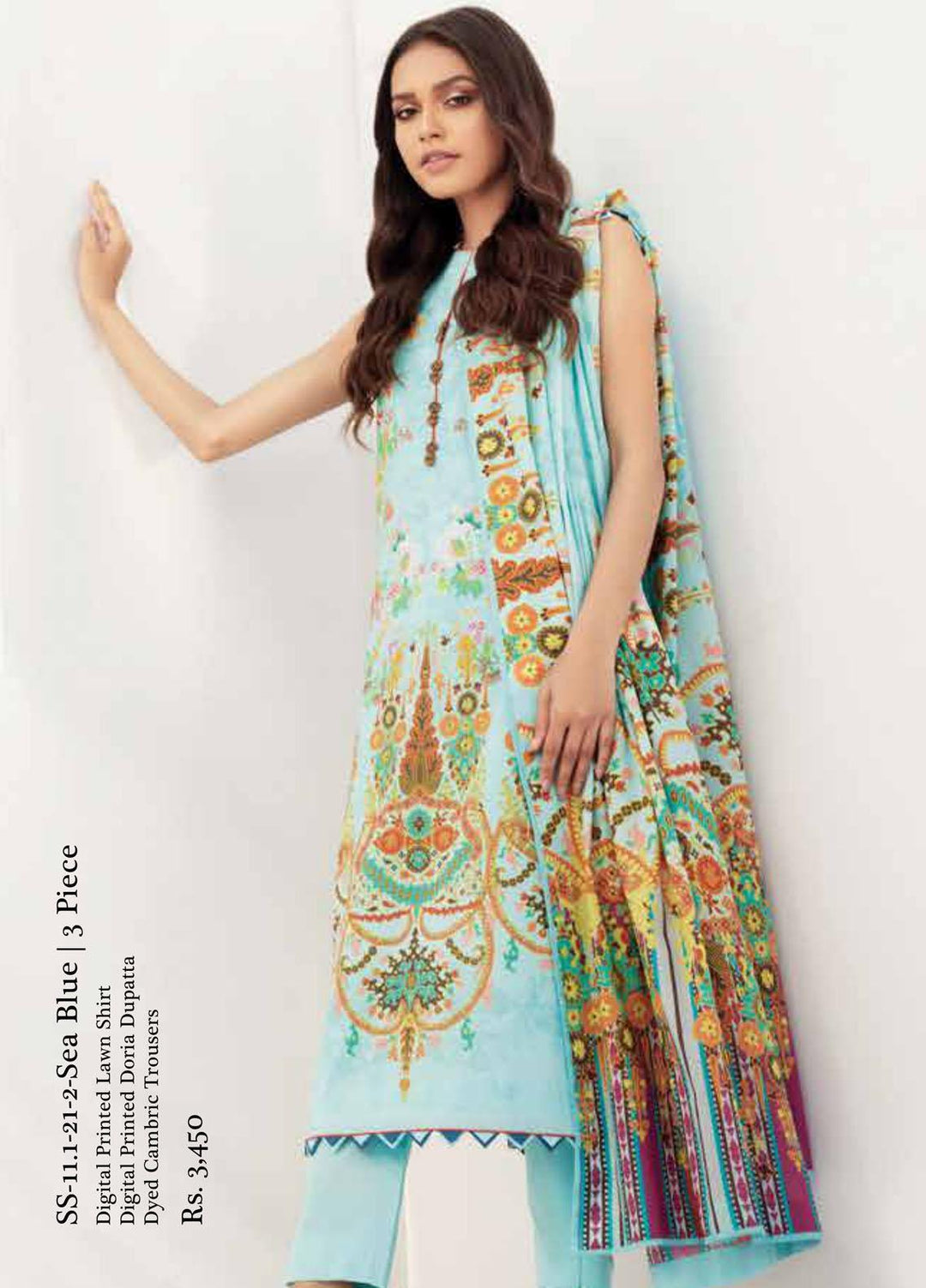 Al Karam Printed Lawn Suits Unstitched 3 Piece AK21S-2 SS-11.1-21-2-Sea Blue - Summer Collection