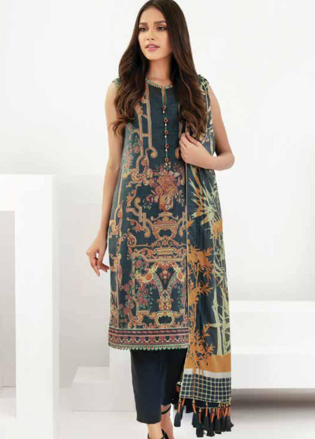 Al Karam Printed Lawn Suits Unstitched 3 Piece SS-06-21-2-Black - Summer Collection