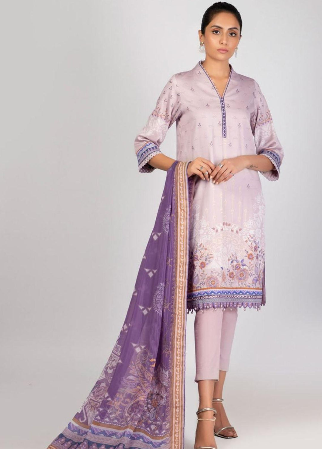 Al Karam Printed Satin Suits Unstitched 3 Piece AK22S SS-25.1-22 Lilac - Summer Collection