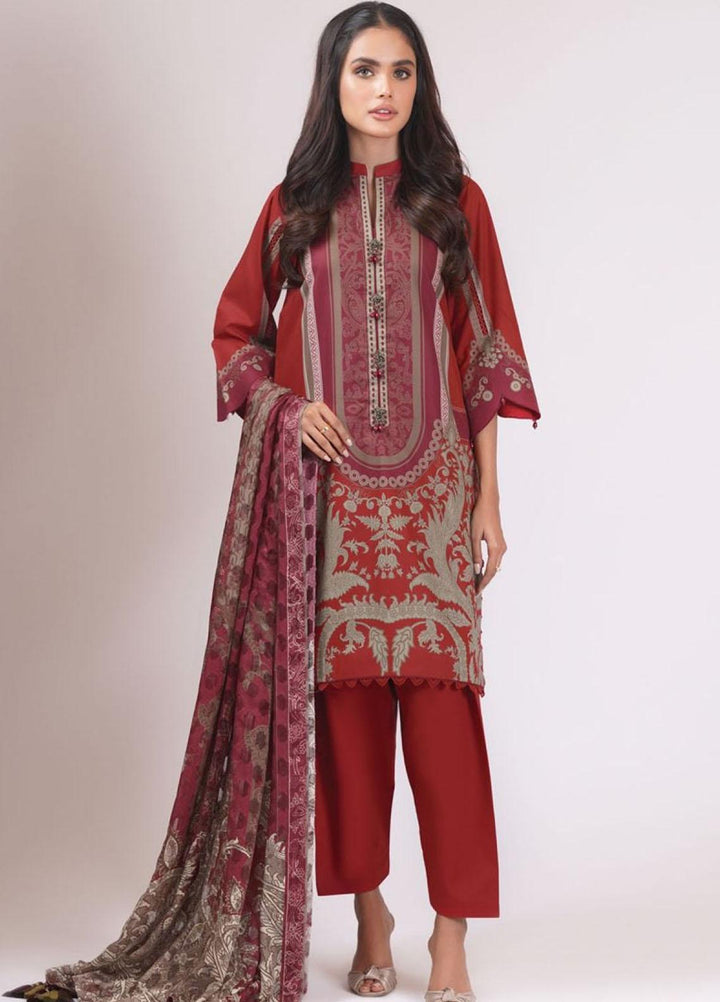 Al Karam Printed Lawn Suits Unstitched 3 Piece AK22S SS-30.1-22 Maroon - Summer Collection