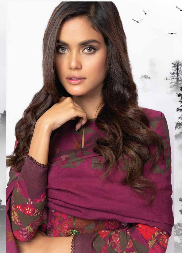 Al Karam Printed Khaddar Suits Unstitched 3 Piece AK21W FW-04-21 Maroon - Winter Collection