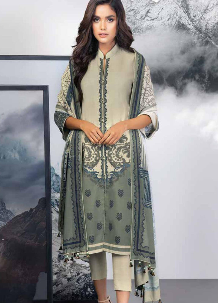 Al Karam Printed Khaddar Suits Unstitched 3 Piece AK21W FW-05-21 Beige - Winter Collection