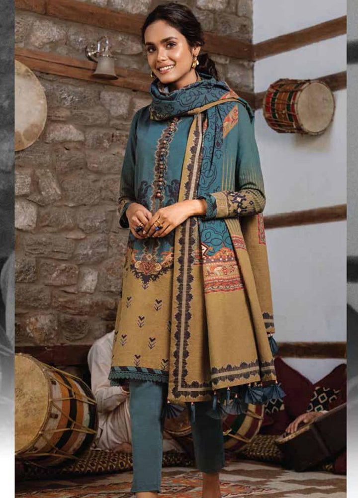 Al Karam Printed Khaddar Suits Unstitched 3 Piece AK21W FW-05-21 Turquoise - Winter Collection