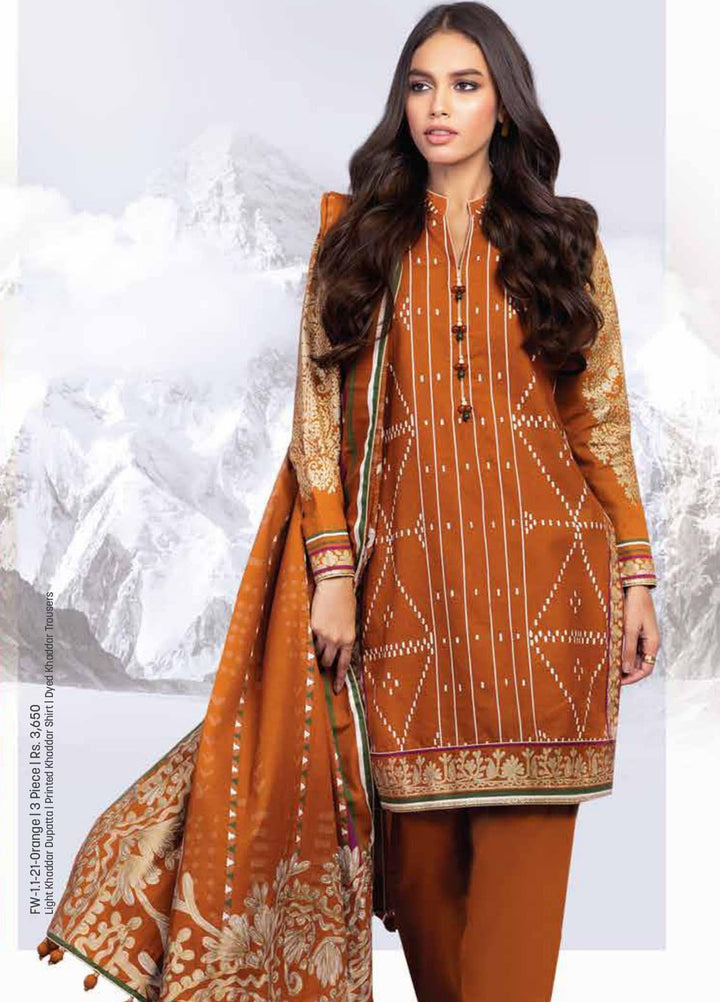 Al Karam Printed Khaddar Suits Unstitched 3 Piece AK21W FW-1.1-21 Orange - Winter Collection