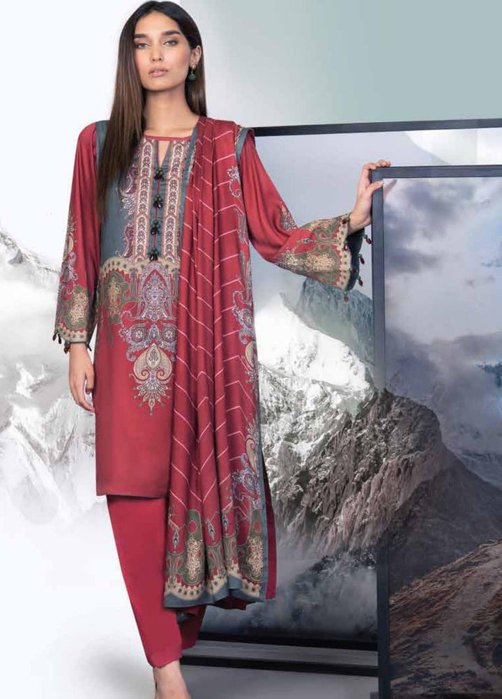 Al Karam Printed Twill Viscose Suits Unstitched 3 Piece AK21W FW-10.1-21 Red - Winter Collection