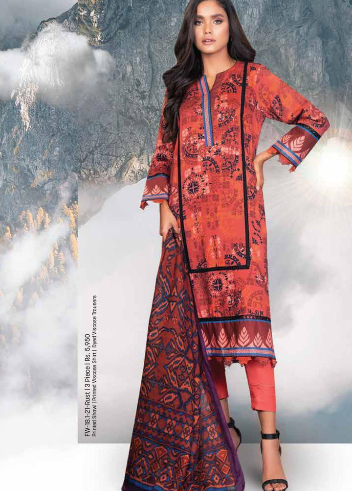 Al Karam Printed Viscose Suits Unstitched 3 Piece AK21W FW-18.1-21 Rust - Winter Collection